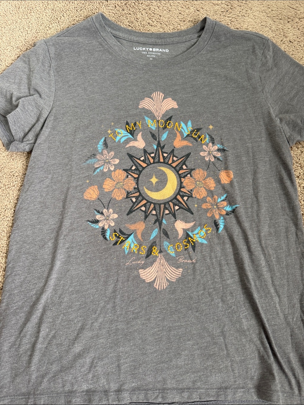 Lucky Brand Gray Tee with Yellow Moon & Multicolor Floral Sun Graphic